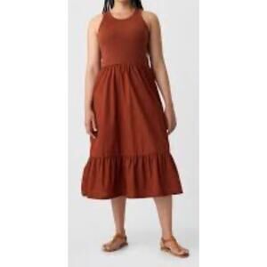 GAP Mixed Media Ruffle Midi Dress M Rust Brown Ribbed Top Tiered Skirt EUC